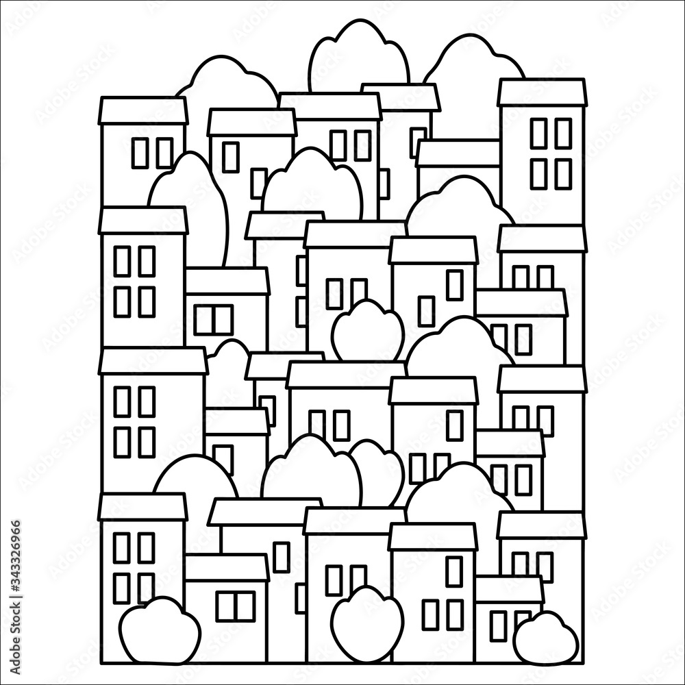 City pattern for coloring book . A drawing of the building. Houses and trees.