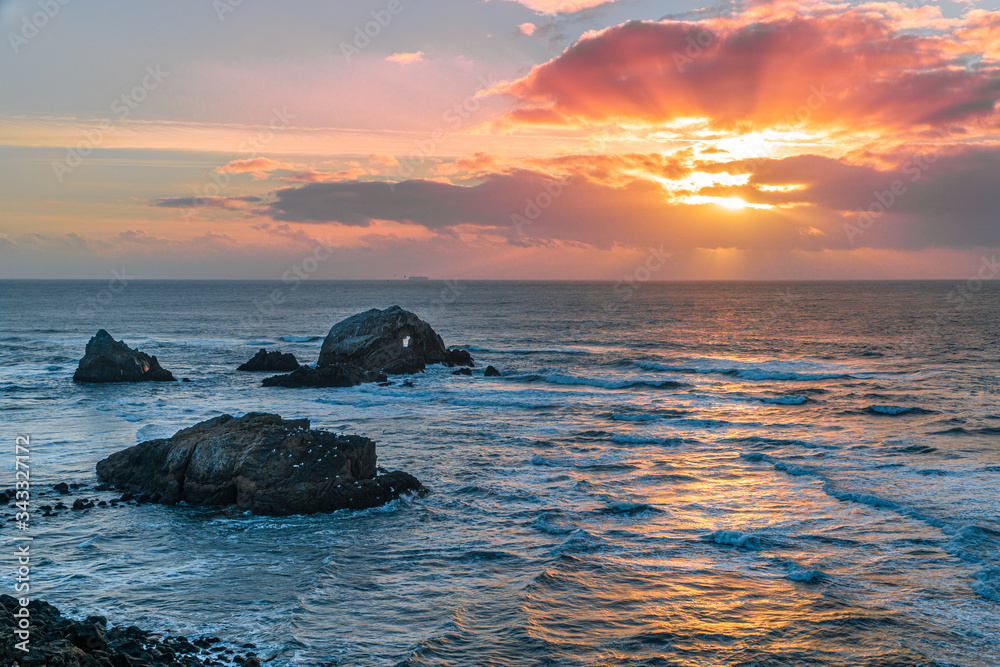 Relaxing and calm ocean sunset view from Sutro Baths, San Francisco, California
