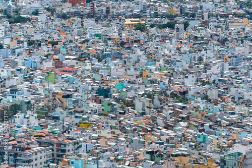 Daytime aerial view of residential houses and community in Ho Chi Minh City, Vietnam from Bitexco Financial Tower and Observation Sky Deck
