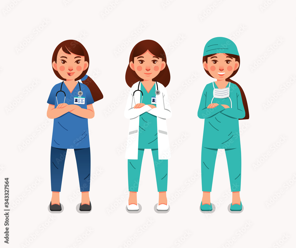 set of female medical character as doctor and nurse wearing different cloth and equipment flat vector illustration set of female medical character as doctor and nurse wearing different cloth and equipment flat vector illustration