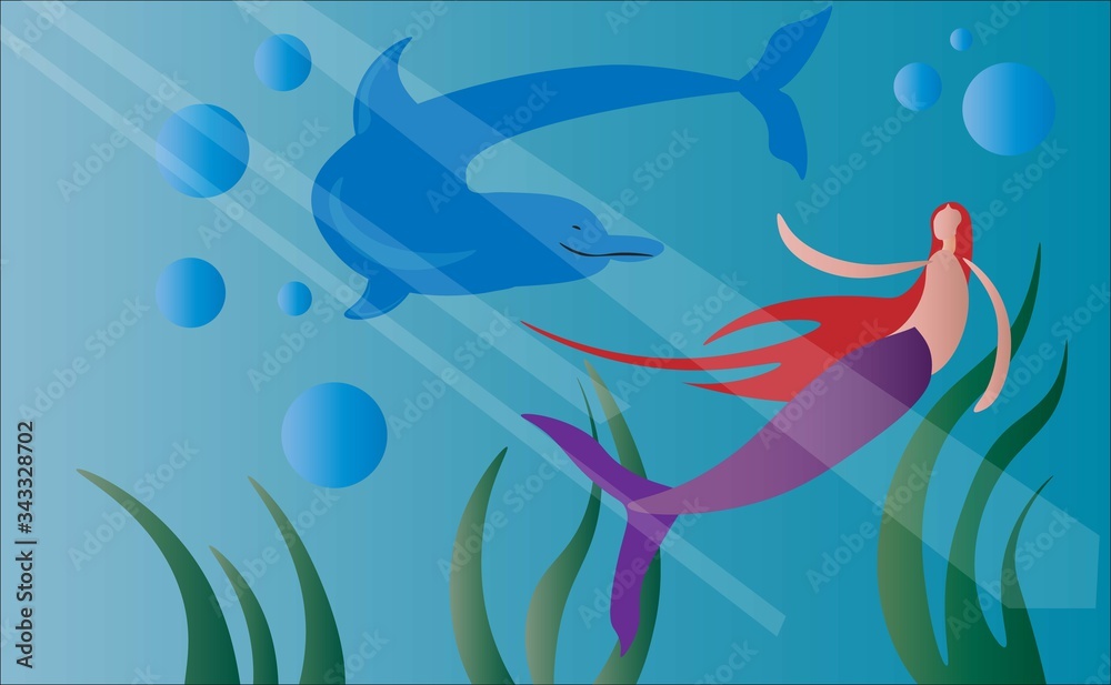 Mermaid and dolphin. Underwater illustration.