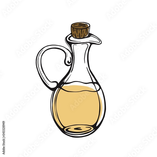 Hand-drawn olive oil bottle isolated on a white background. Extra virgin olive oil. Vintage style. Vector illustration in Doodle style