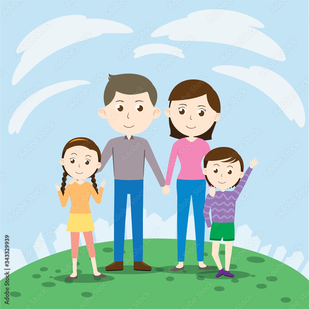 Happy cartoon family with small kids Vector Illustration