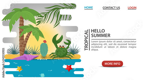 web page design concept summer vacation green crab next to a palm tree against the sun on a sandy beach flat vector illustration cartoon
