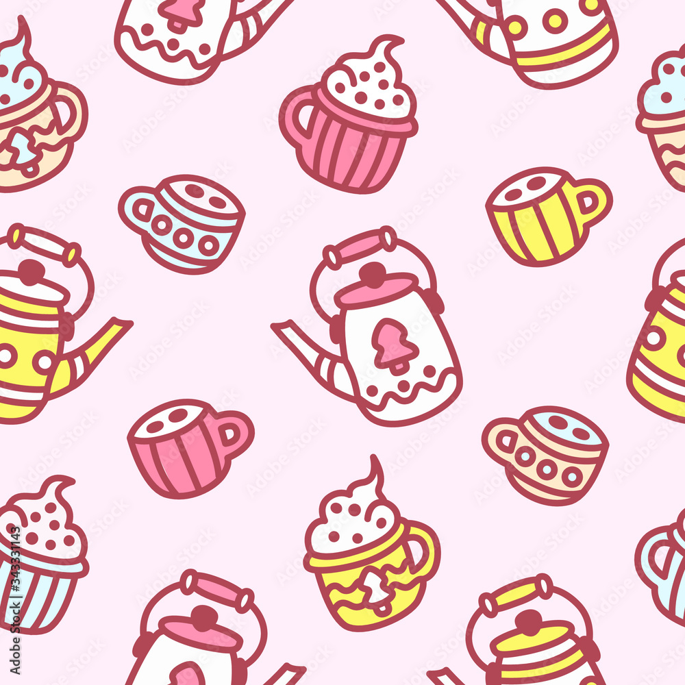 Tea party cute vector seamless pattern. Goodies, teapot with tea, mug with cappuccino, ice cream, coffee. Tender color illustration for the design of wrapping paper, gift box. Fun background. Tea party cute vector seamless pattern. Goodies, teapot with tea, mug with cappuccino, ice cream, coffee. Tender color illustration for the design of wrapping paper, gift box. Fun background.
