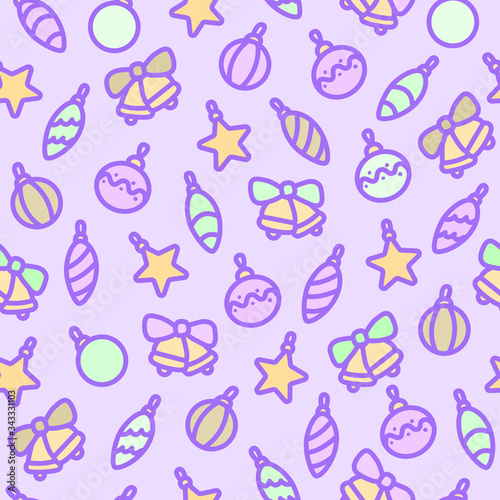 Cute vector seamless pattern in delicate colors in the New Year theme. Christmas toys, decorations, balls, stars, bells with a bow. Random cute childish illustration for gift paper design.