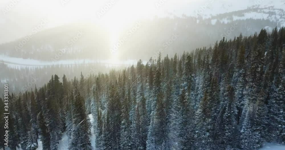 Aerial view moving forward shot, Scenic view of Berthoud Pass, Colorado, Snow pours down on Bright Sunny sky In the background. Aerial view moving forward shot, Scenic view of Berthoud Pass, Colorado, Snow pours down on Bright Sunny sky In the background.