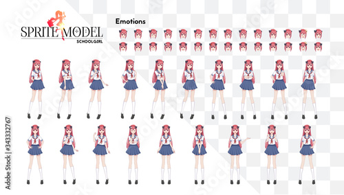 Set of emotions.Sprite full length character for game visual novel. Anime manga girl, Cartoon character in Japanese style.School girl in a sailor suit, blue skirt