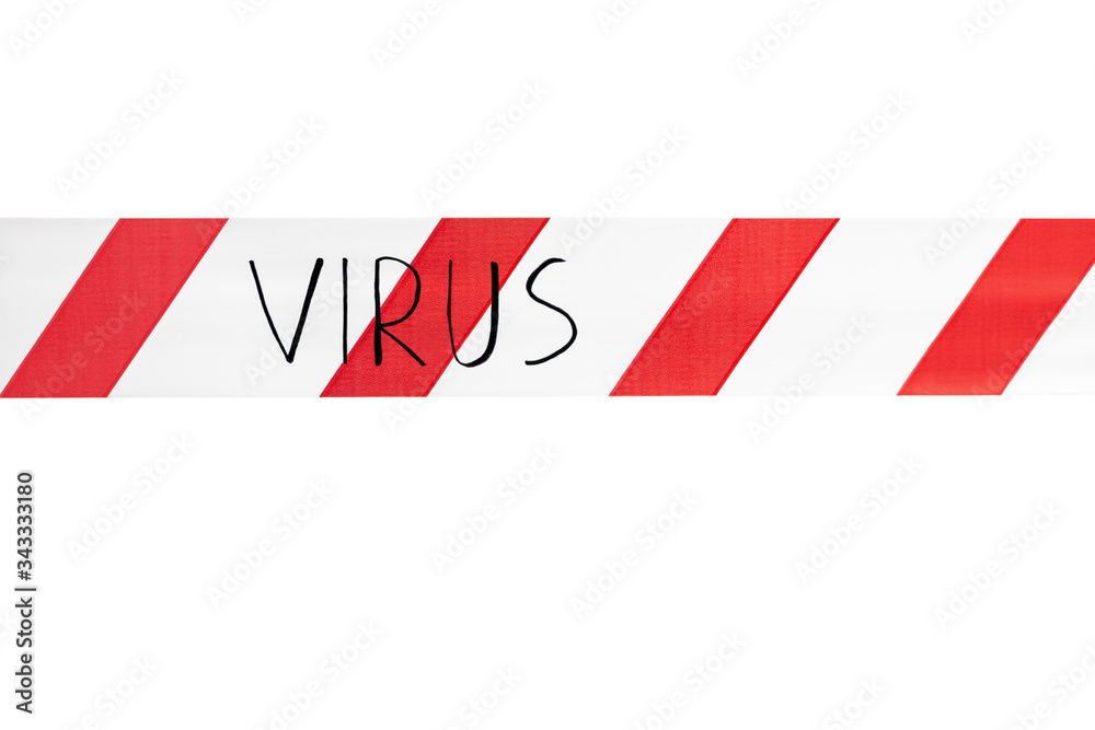 Label virus. Red and white warning tape with the inscription virus close up on an isolated white background. Concept for protecting people from coronavirus infection. Coronavirus, Covid-19 Label virus. Red and white warning tape with the inscription virus close up on an isolated white background. Concept for protecting people from coronavirus infection. Coronavirus, Covid-19