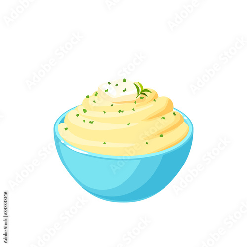 A bowl of mashed potatoes with butter and herbs. Vector illustration cartoon flat icon isolated on white background.