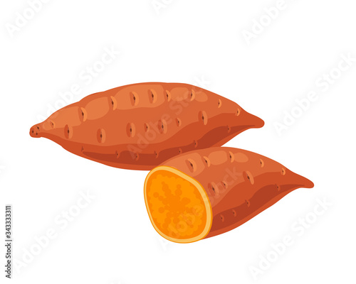 Sweet potato, brown whole tuber and half. Vector illustration cartoon flat icon isolated on pink.