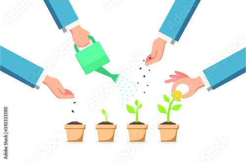 Man hands are glowing up money plant in flat style vector, business and financial concept.