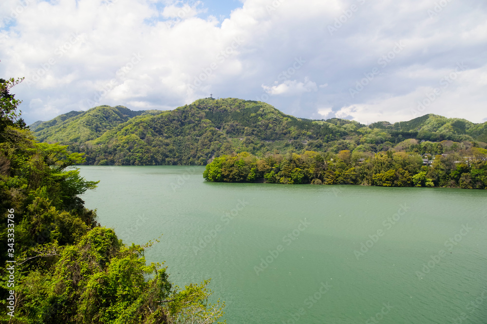 新緑が映える津久井湖の全景