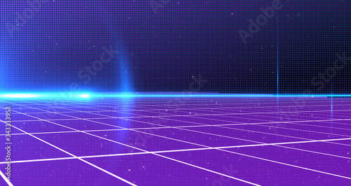 Retro cyberpunk style 80s Sci-Fi Background Futuristic with laser grid landscape. Digital cyber surface style of the 1980`s. 3D illustration