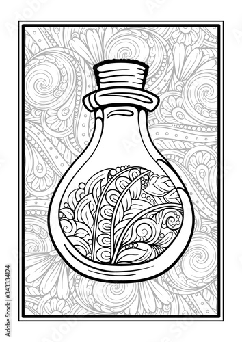 Bottle with magic healing potion on a tracery background. Black and white vector graphic. Antistress coloring page.