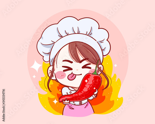 Female chef Holding chili  cartoon Hand drawn vector illustration