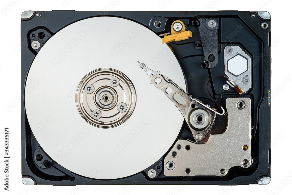 a computer's hard disk hdd data storage drive without shield isolated in white background show magnetic disc and electronic part inside a computer's hard disk hdd data storage drive without shield isolated in white background show magnetic disc and electronic part inside