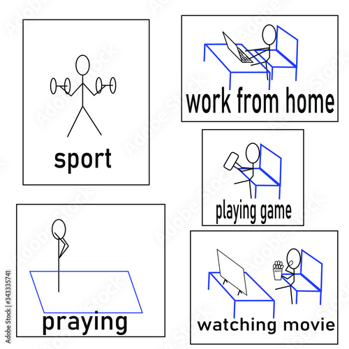 working on laptop, exercise, gym, sport, fitness training, watching movies, praying  at home. Stay positive and healthy. Isolation  coronavirus quarantine. Illustration set