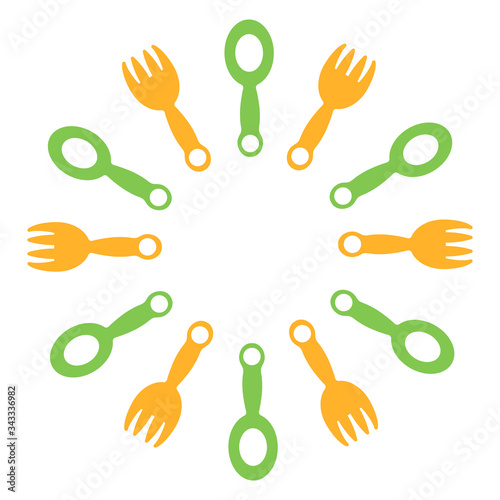 Frame made of hand-drawn children's spoons and forks .The concept of baby food. Natural products for children.Space for text. Vector design template