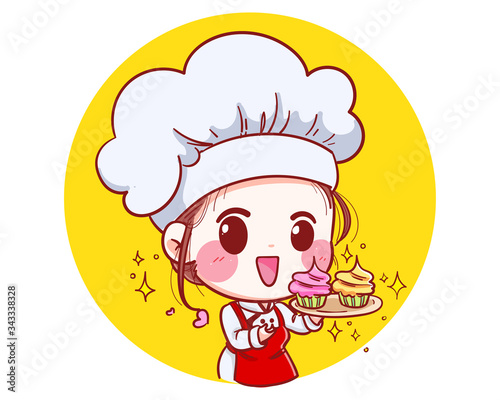 The little bakery girl chef's logo is happy and smiling,tasty and sweet smile vector illustration