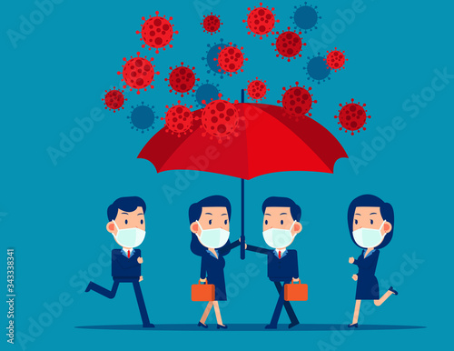 Business people help to cover under umbrella to protect from virus. COVID-19 Protecting safe zone