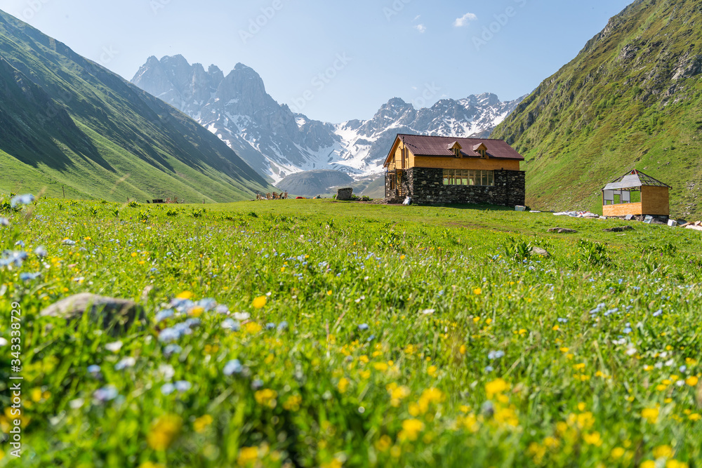 Juta valley with Chauki mountain in Caucasus mountains range in Georgia Juta valley with Chauki mountain in Caucasus mountains range in Georgia
