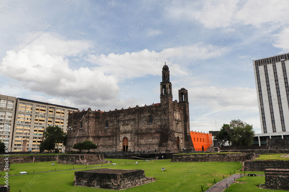 church and aztec's ruins
