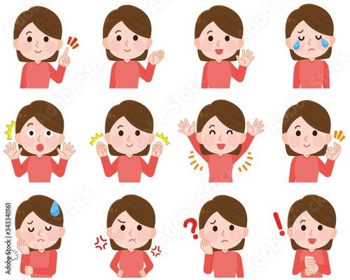 女性　表情セット　上半身　アイコン　イラスト