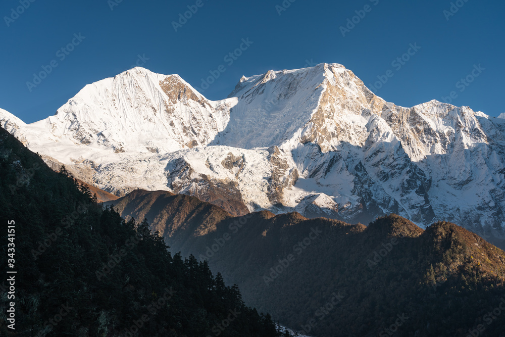 Manaslu mountain peak, eighth highest mountain peak in the world at sunset, Himalaya mountain range in Nepal