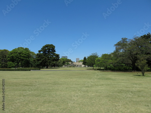 皇居東御苑にある本丸大芝生（江戸城本丸跡）　Honmaru o-shibafu (Lawn) / The East Gardens of the Imperial Palace © a_text