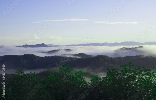 landscape, fog and cloud mountain valley , Morning fog , Sun rises .