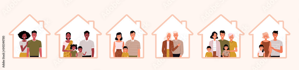 Set of people stay at home. Concept of protection against coronavirus COVID-19. Young parents, children and grandparents inside the house. Family on self-isolation Set of people stay at home. Concept of protection against coronavirus COVID-19. Young parents, children and grandparents inside the house. Family on self-isolation