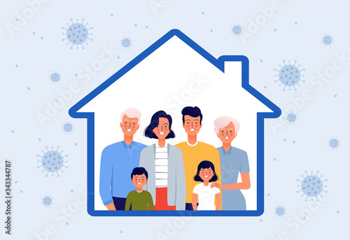 People stay at home. Concept of protection against coronavirus COVID-19. Young parents, children and grandparents inside the house. Family on self-isolation