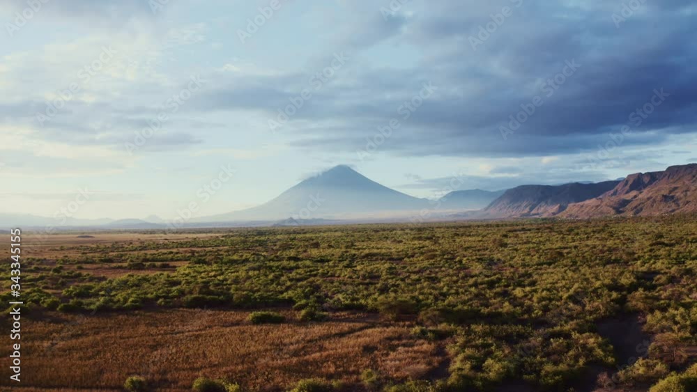 Aerial drone view flying forward of a volcano in Lake Natron, Tanzania Aerial drone view flying forward of a volcano in Lake Natron, Tanzania