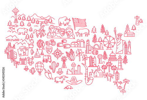 America set of icons. USA tourist attraction. United States of America. Showplace on the map. Red flat line vector.