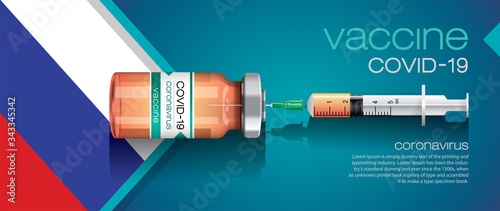 Vector illustration with 3D corona vaccine, country flag concept.