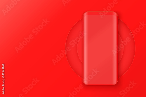 Smartphone layout presentation mockup in red color. Example frameless model mobile phone with touchscreen on circle. Project application mockup. Vector Illustration