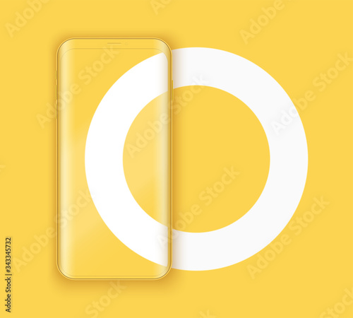 Smartphone layout presentation mockup in yellow color. Example frameless model mobile phone with touchscreen on white circle. Project application mockup. Vector Illustration
