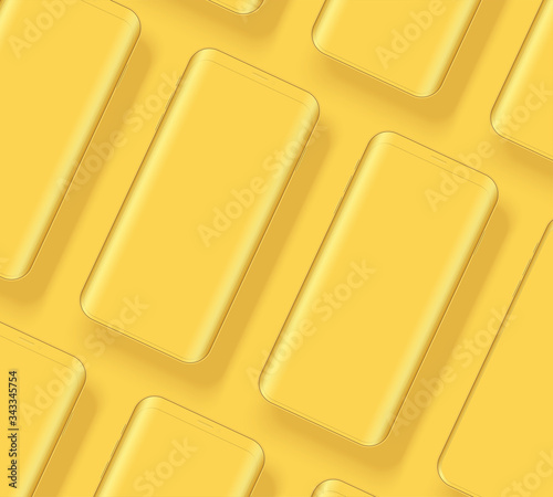 Many Smartphones layout presentation mockup in yellow color. Example frameless models mobile phone with touchscreen. Project application mockup. Vector Illustration