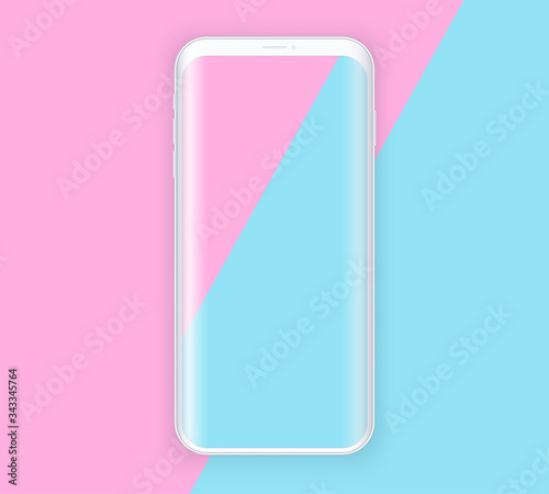 Smartphone layout presentation mockup in Contemporary style. Example frameless model mobile phone with touchscreen on art background. Project application mockup. Vector Illustration