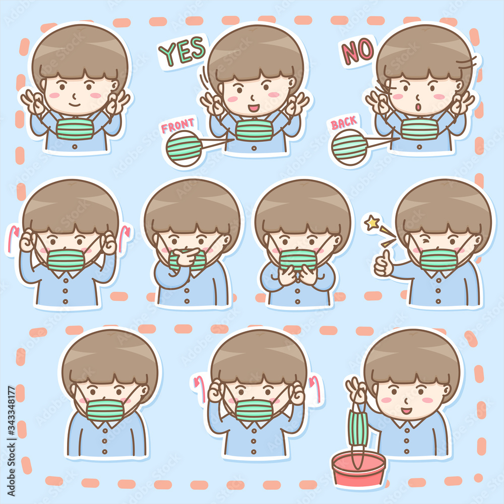 Design elements vector of cute cartoon characters in actions of how to put on and take off a mask properly to protect wearer from virus, How to wear mask, Protect yourself from COVID-19. Design elements vector of cute cartoon characters in actions of how to put on and take off a mask properly to protect wearer from virus, How to wear mask, Protect yourself from COVID-19.