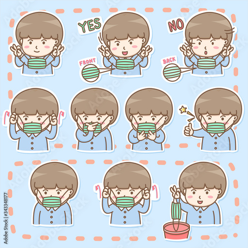 Design elements vector of cute cartoon characters in actions of how to put on and take off a mask properly to protect wearer from virus, How to wear mask, Protect yourself from COVID-19.