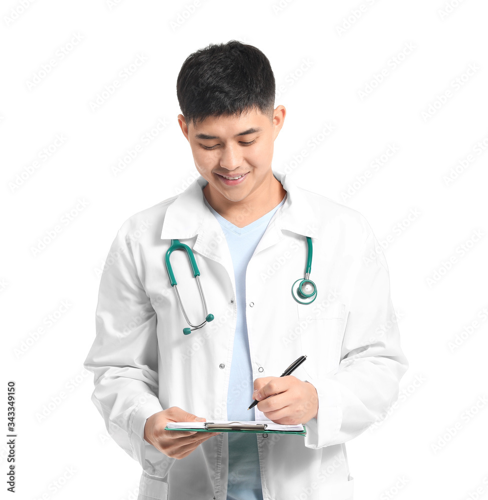Male Asian doctor with clipboard on white background Male Asian doctor with clipboard on white background