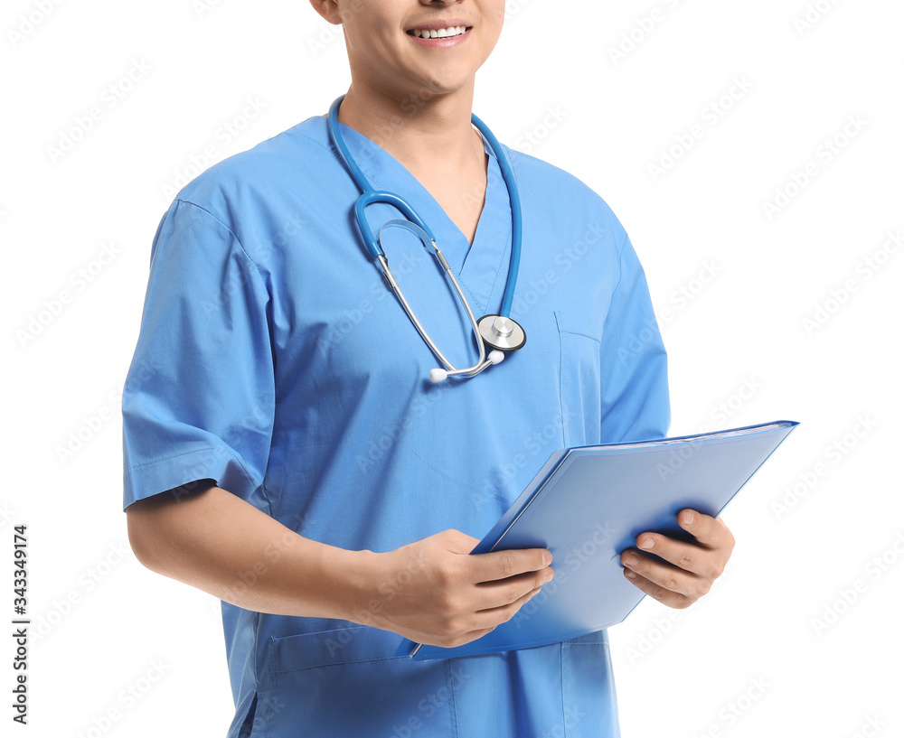 Male Asian doctor with clipboard on white background Male Asian doctor with clipboard on white background