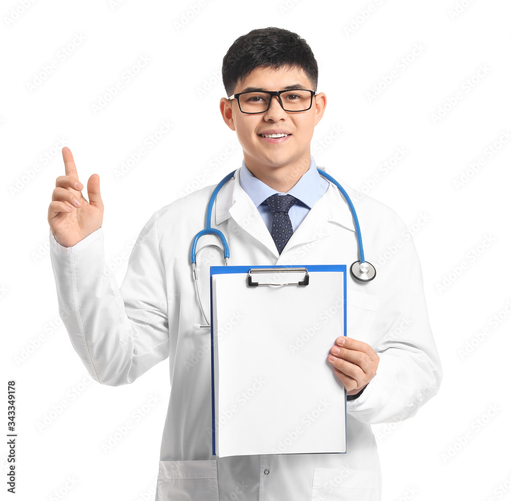 Male Asian doctor with clipboard on white background Male Asian doctor with clipboard on white background