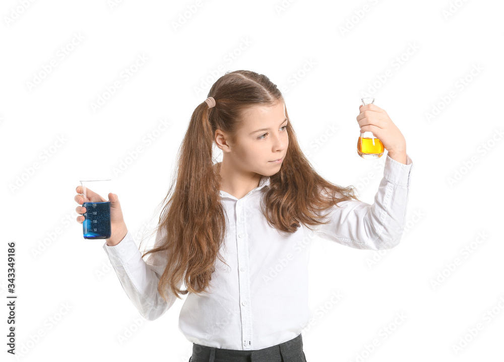 Cute little girl with laboratory glassware on white background Cute little girl with laboratory glassware on white background