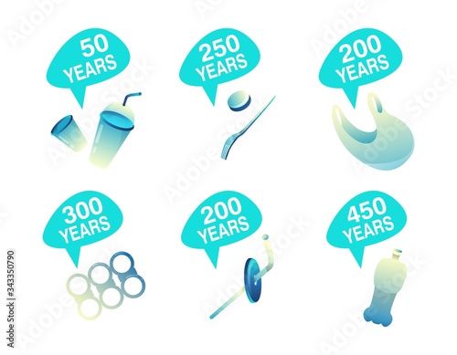 How long decompos plastic illustration. Time decomposition rates of waste, garbage on white background. Vector stock isolated objects comparison: glass, fork and package, straw, bottle, rings for cans