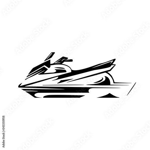 Black silhouette of a water bike on a white background. Active sport lifestyle. Summer fun on the water. Vector element for logos, icons, identity and your design.