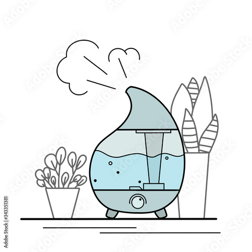Contour illustration of a humidifier with indoor plants in pots on a white background. Comfort at home. Aromatherapy device. Vector outline object for icons, logos, banners and your design.