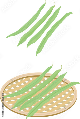 Illustration set of green beans and baskets.